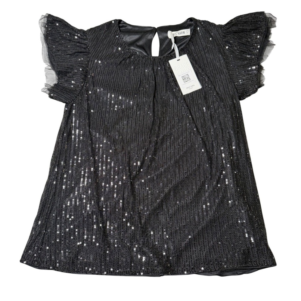 Grace Karin Black Sequin Flutter Sleeve Blouse Top Keyhole Back Large CL2846S24